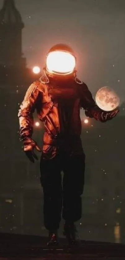 Astronaut holding a glowing moon in an urban night scene.