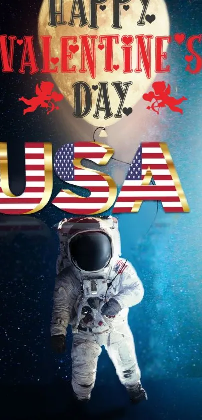 Valentine's Day USA astronaut wallpaper with a moon background.