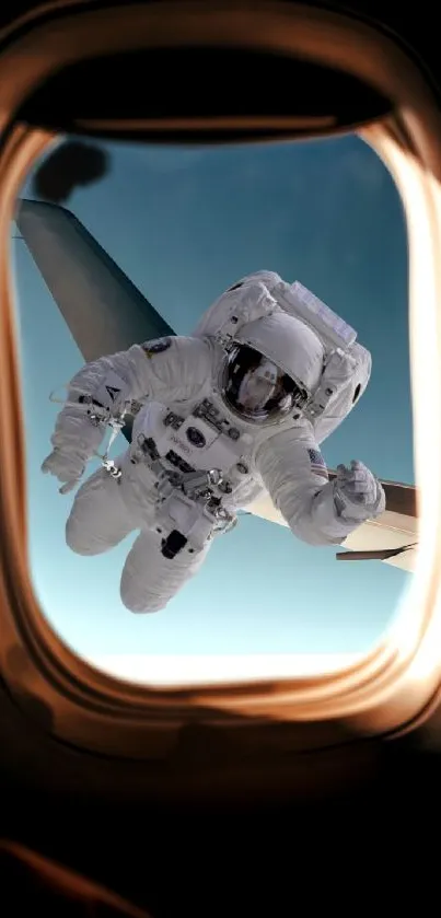 Astronaut floating outside airplane window with sky background.