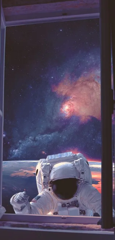 Astronaut peering through a window with a cosmic galaxy view in the background.