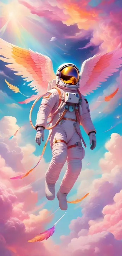 Astronaut with angel wings floating in colorful clouds.