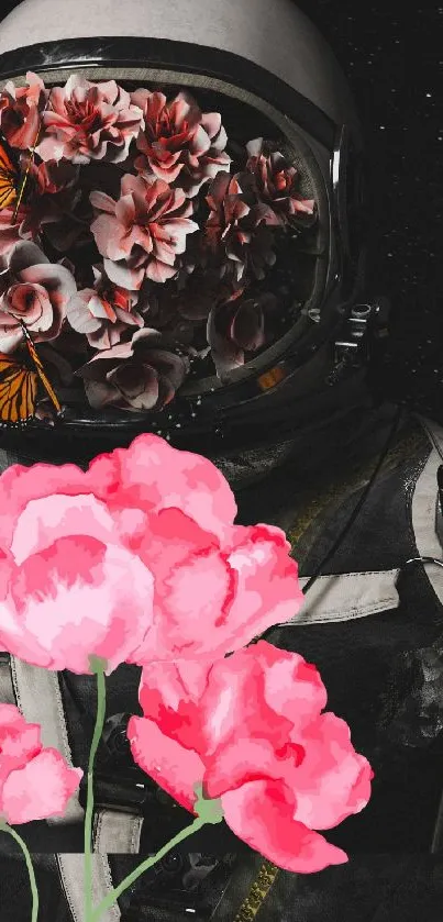 Astronaut with pink flowers and butterflies in space.