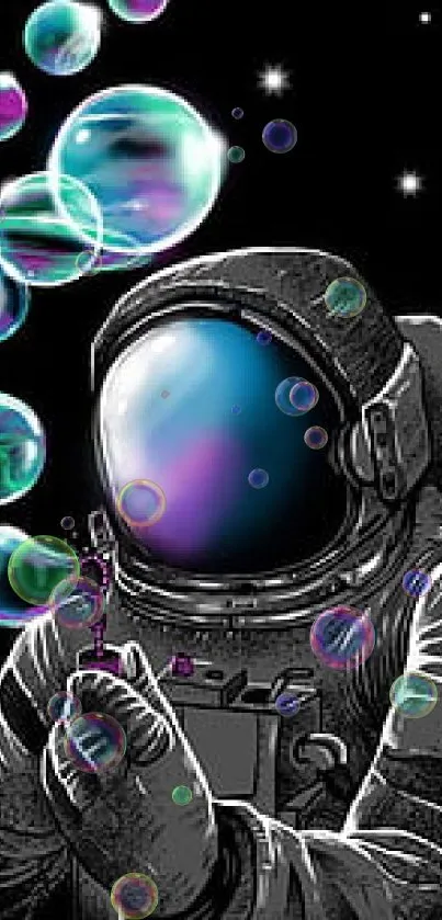 Astronaut in space blowing bubbles on dark background.