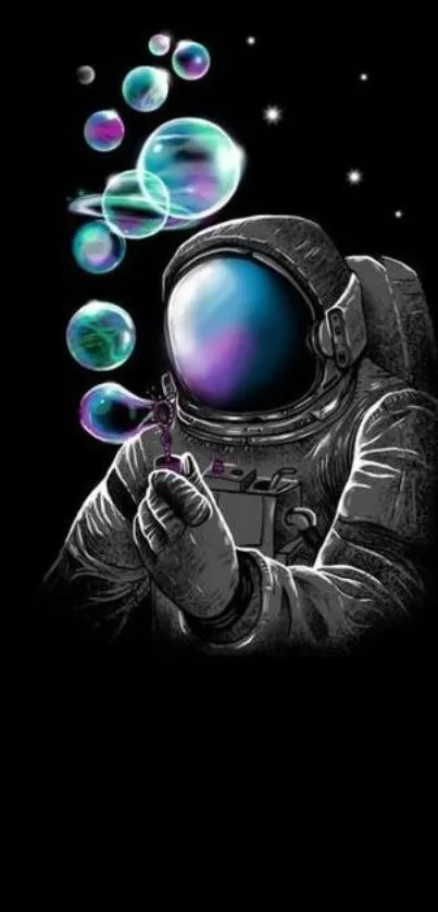 Astronaut blowing colorful bubbles on black background wallpaper.