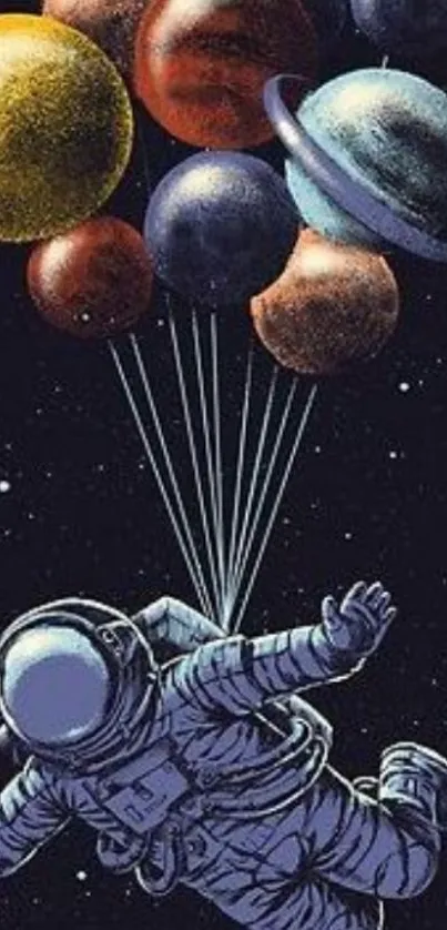 Astronaut floating with planets as balloons against a starry night backdrop.