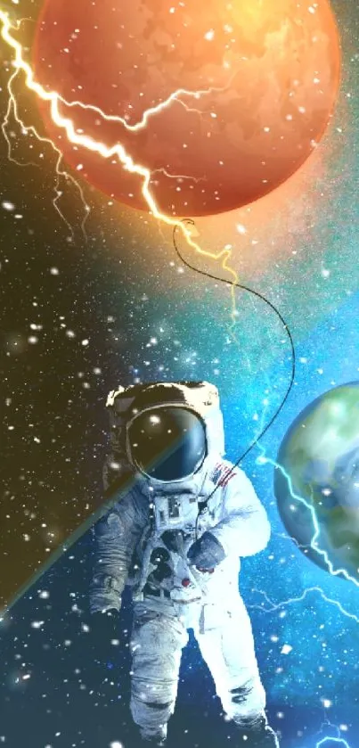 Astronaut holds cosmic balloons in vibrant space wallpaper.