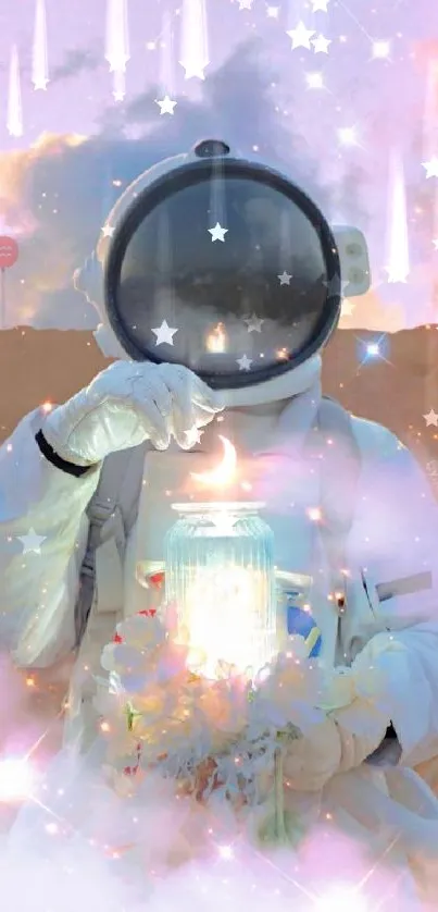 Astronaut holds glowing lantern in pastel cosmic setting.