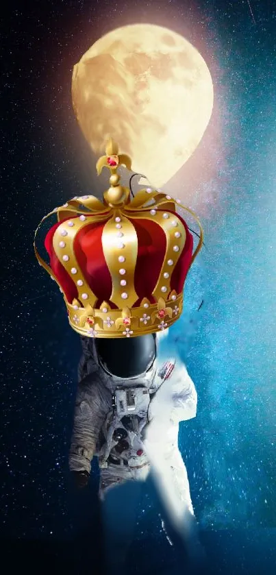 Astronaut with crown in cosmic space with moon backdrop.