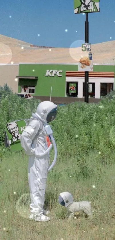 Astronaut and dog in green field with KFC backdrop.