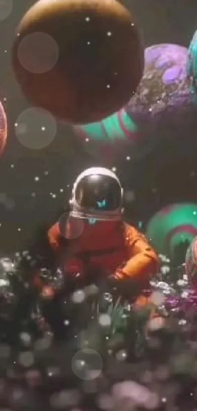 Astronaut in space with floating planets amidst colorful cosmic scenery.