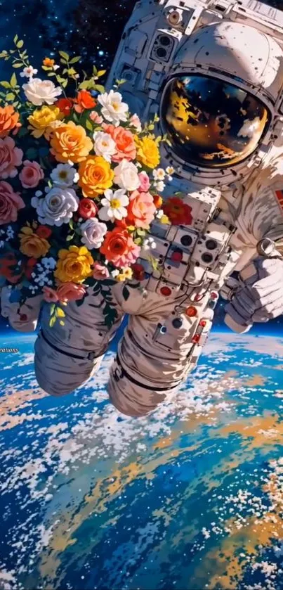 Astronaut with flowers in space above Earth.
