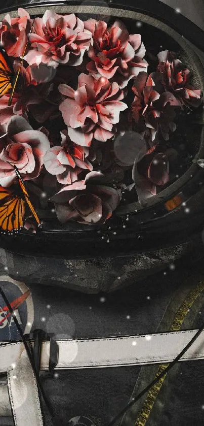 Astronaut helmet with vibrant flowers and butterflies.