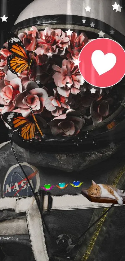 Astronaut helmet with flowers and butterflies in a dark cosmic design.