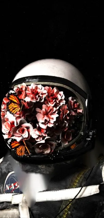 Astronaut helmet filled with flowers and butterflies on black background.