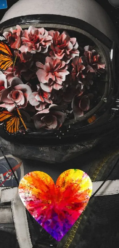 Astronaut helmet with flowers and butterflies in space art.