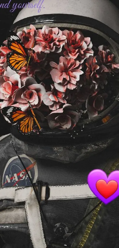 Astronaut helmet filled with flowers and butterflies against a dark background.