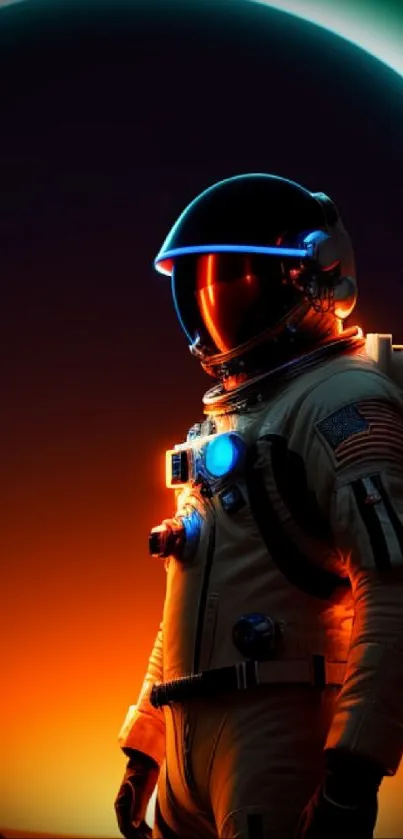 Astronaut in front of glowing orange eclipse, creating a cosmic feel.