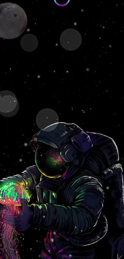 Astronaut holding glowing jellyfish in cosmic space art.