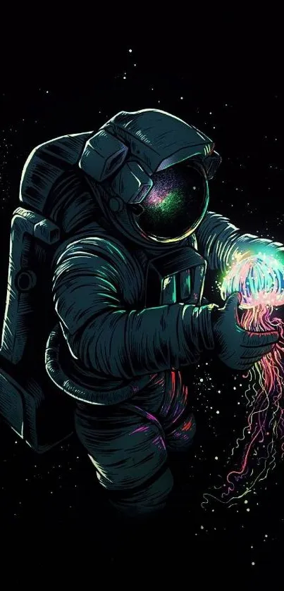 Astronaut with neon jellyfish in space, mobile wallpaper.