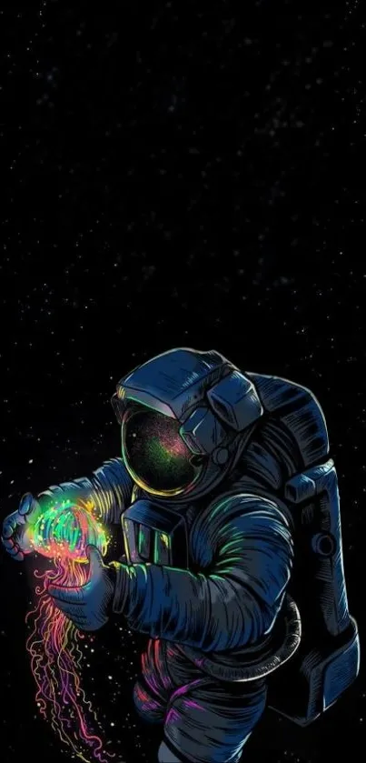 Astronaut holding a colorful, glowing jellyfish in space.