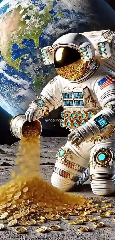 Astronaut spills gold coins on lunar surface with Earth in background.