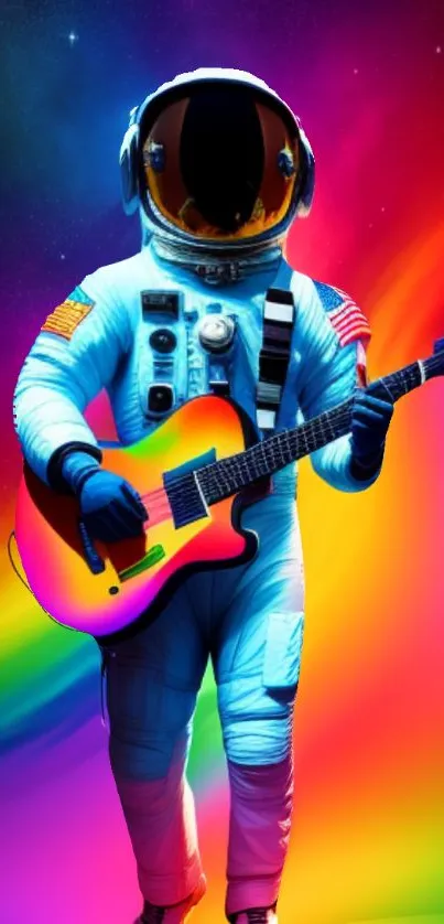 Astronaut playing guitar with rainbow background.