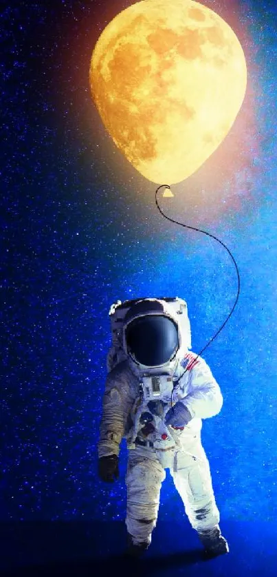 Astronaut holding moon balloon in space wallpaper.