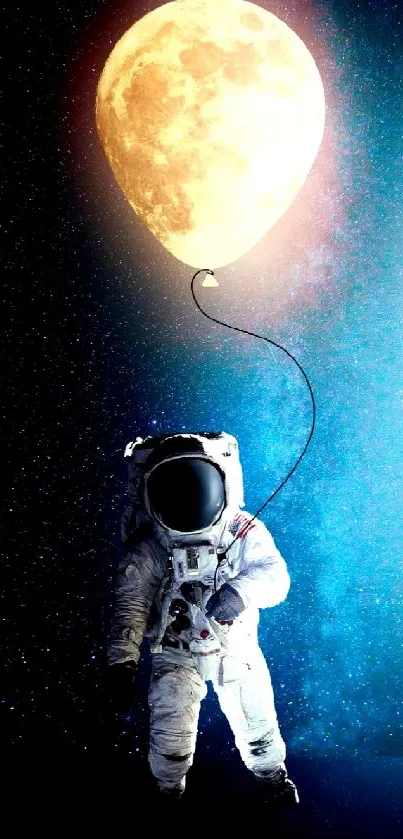 Astronaut floating with moon balloon in starry space.