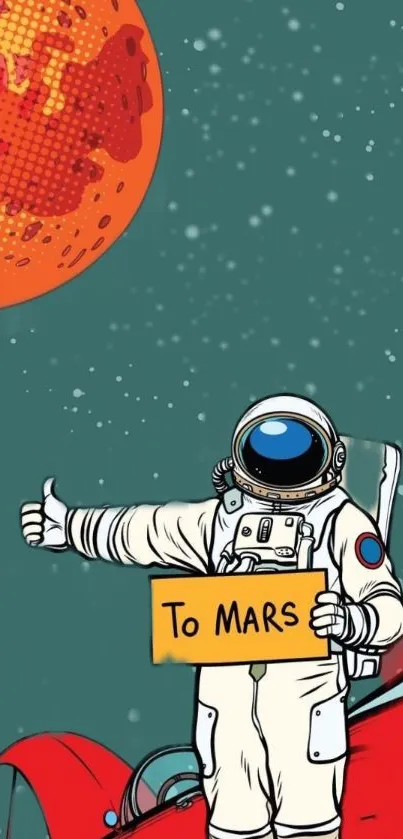 Astronaut holding a sign to Mars under a teal sky.