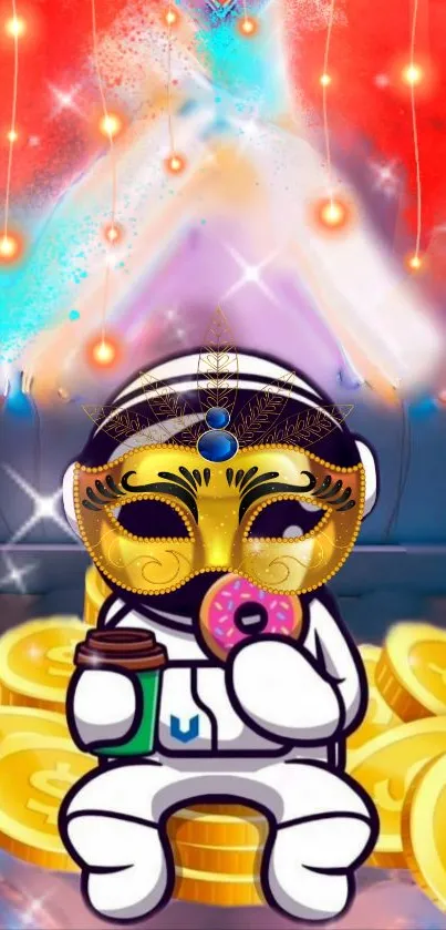 Astronaut with mask eating donut in a colorful cosmic setting.