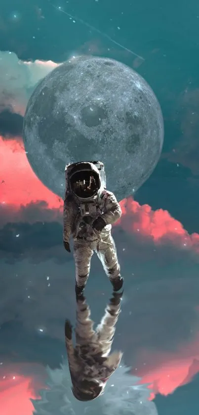 Astronaut walking with a moon in the background and surreal clouds.