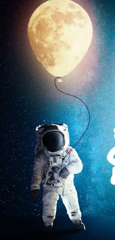 Astronaut holds moon balloon in space wallpaper.