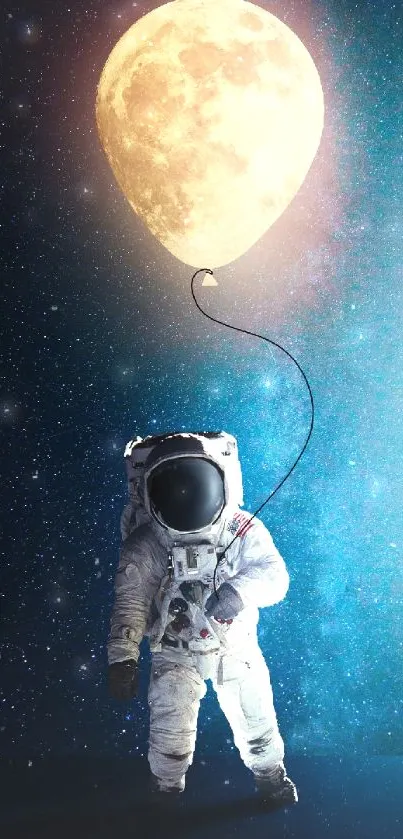 Astronaut holding a moon balloon in space.