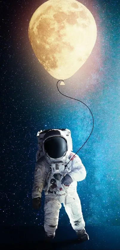 Astronaut holds moon balloon in starry blue night sky.