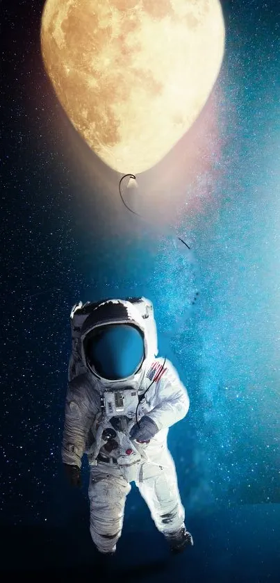 Astronaut holding glowing moon like a balloon in space.