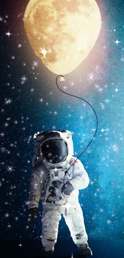 Astronaut holding a moon-shaped balloon in a starry sky wallpaper.