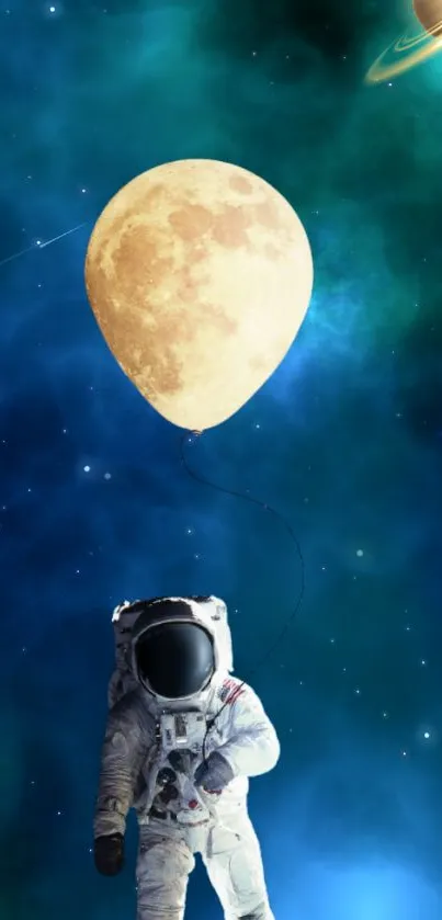 Astronaut holding a moon balloon in space with stars.