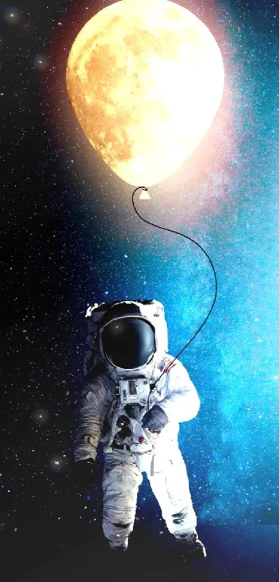 Astronaut holding a moon balloon over a starry blue background.