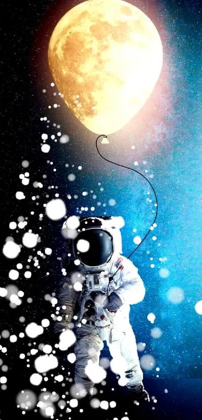 Astronaut floats with moon-shaped balloon in space.