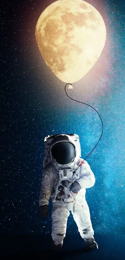 Astronaut holding a moon-shaped balloon on a starry background.