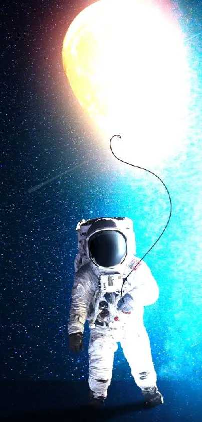 Astronaut holding a glowing moon balloon in space.