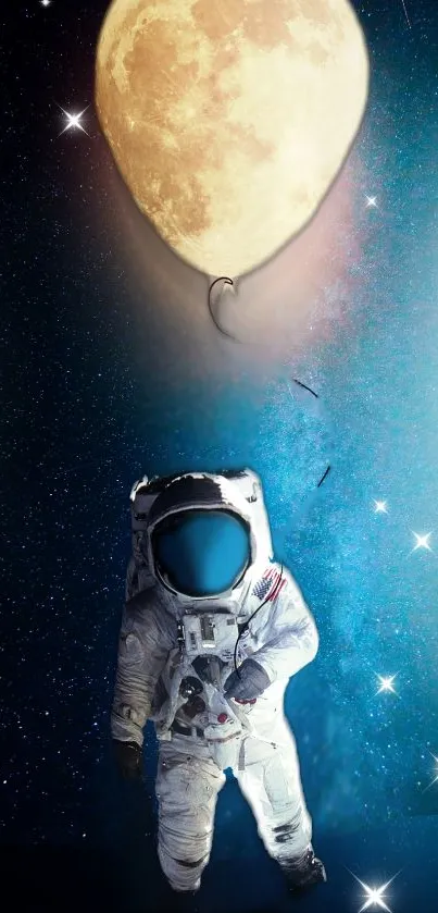 Astronaut floating in space with a moon-shaped balloon.