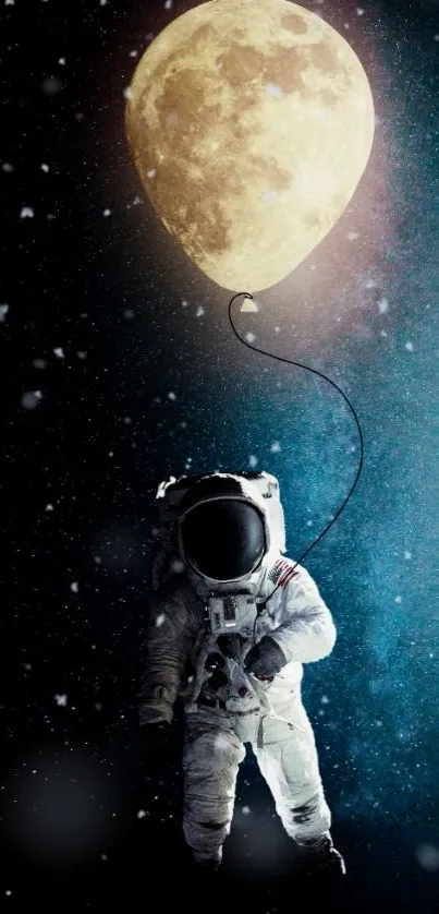 Astronaut floating with a moon-shaped balloon against a dark blue sky.