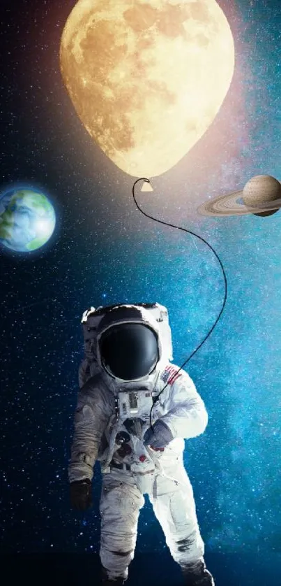Astronaut with moon balloon and planets in space.