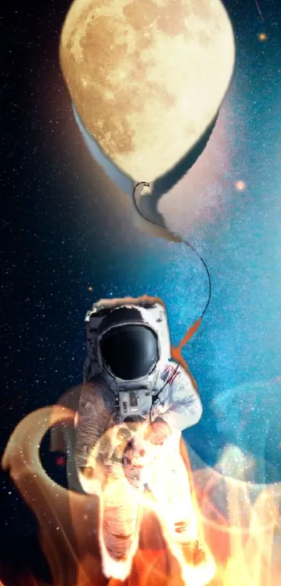 Astronaut floats beneath a moon balloon, surrounded by fiery cosmic art.