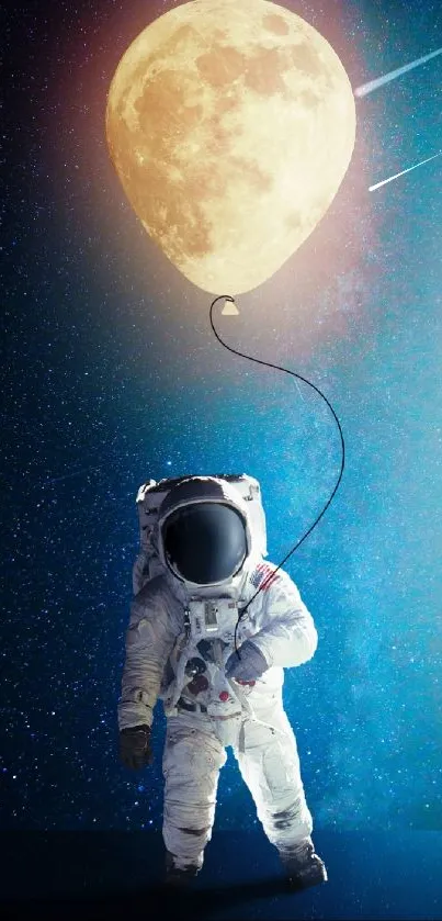 Astronaut holding a moon balloon against starry sky.