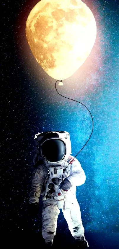 Astronaut floating with a moon balloon in space.