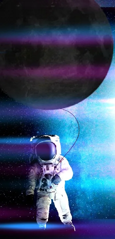 Astronaut floating with large moon balloon against a blue starry background for mobile.