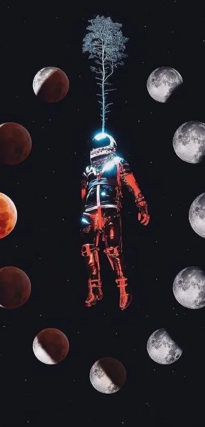 Astronaut floating amid moon phases in a dark space-themed background.