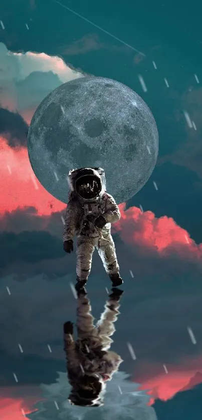 Astronaut with moon and vibrant clouds reflecting in water.